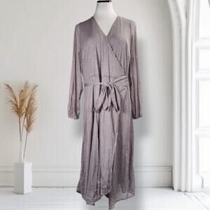 Alfani Glitter Mesh Wrap Dress 2X Silver Long Sleeve Plus Size Party Midi